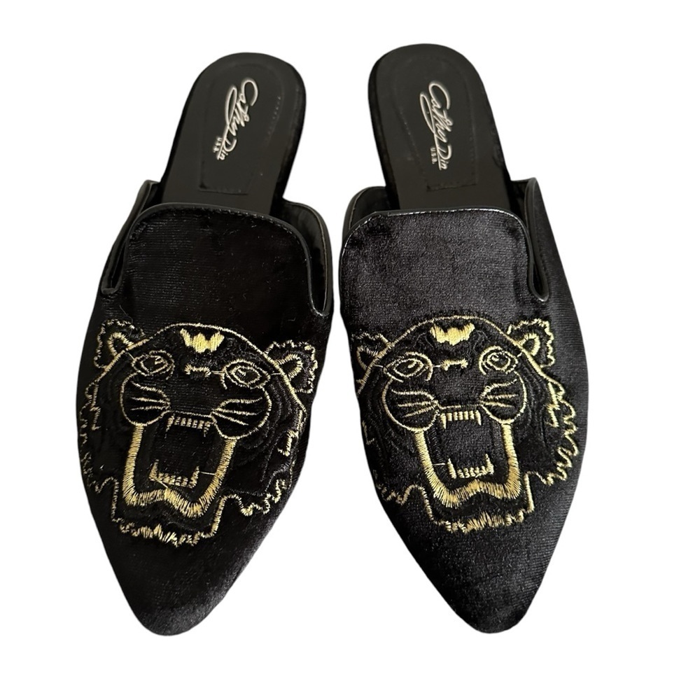 Cathy Din Bravia Embroidered Black Flat Mules Size 7 - Picture 2 of 10